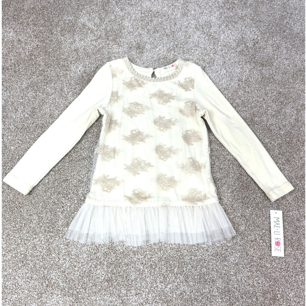 NEW Mae Li Rose Girls Cream Gold Lace Tulle Ruffle Top 4T 5T Flower Photoshoot